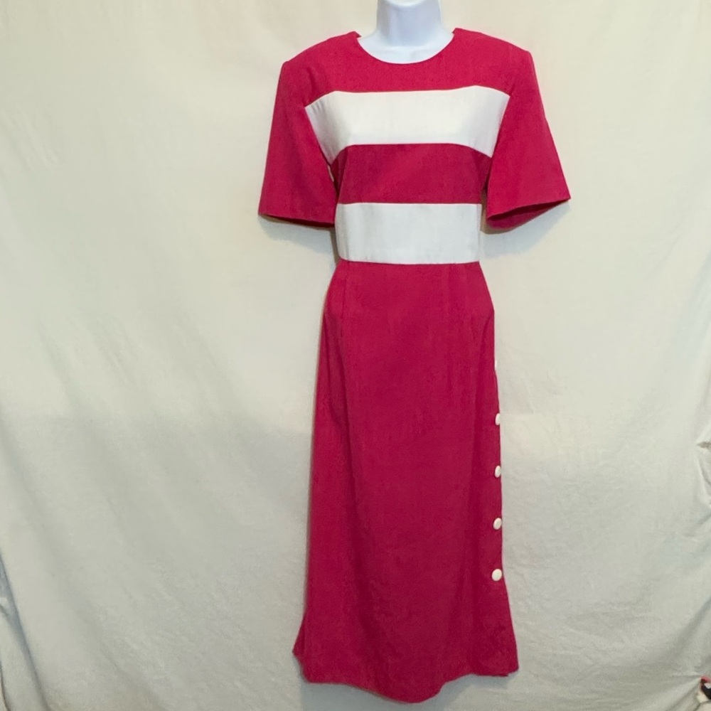 B-198 EJM PLUS SIZE 14 Vintage Pink & White Stripe Short Sleeve Maxi Dress‎